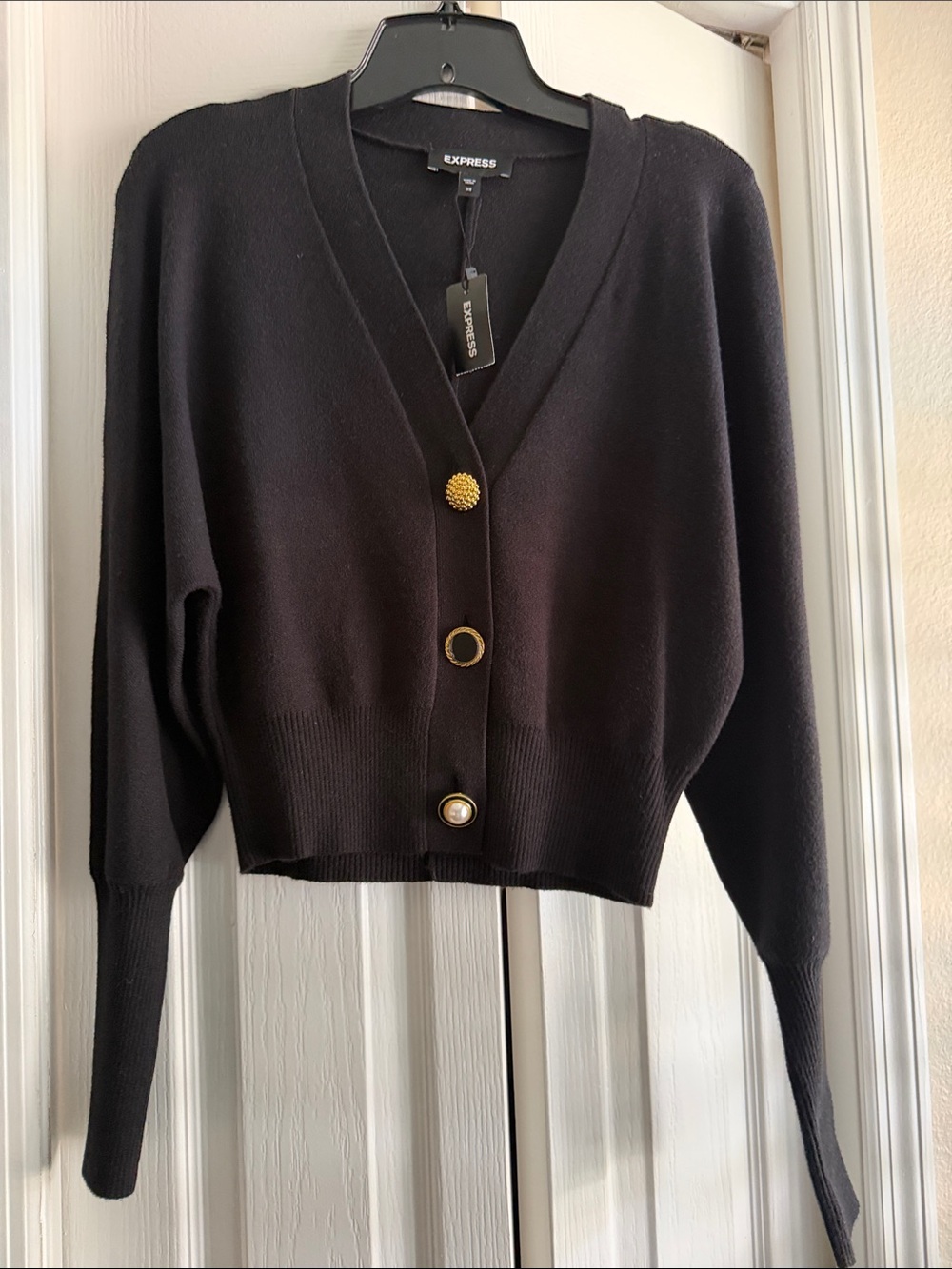 Express Black V-Neck Cardigan with Mixed Gold Buttons